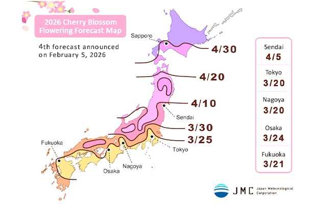 Here's a map of the forecasted Cherry Blossom Flowering season for 2026.
